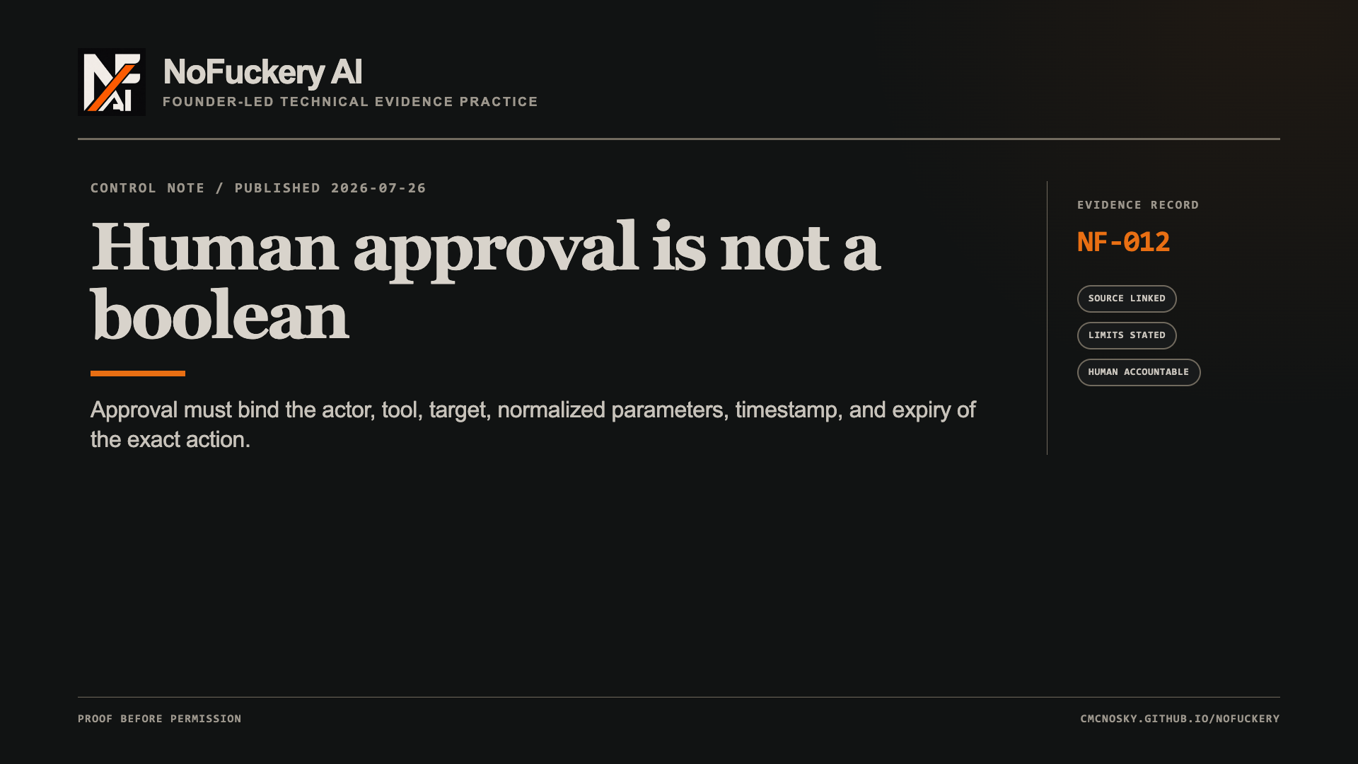 NoFuckery AI article cover, NF-012. Headline: Human approval is not a boolean. Summary: Approval must bind the actor, tool, target, normalized parameters, timestamp, and expiry of the exact action.