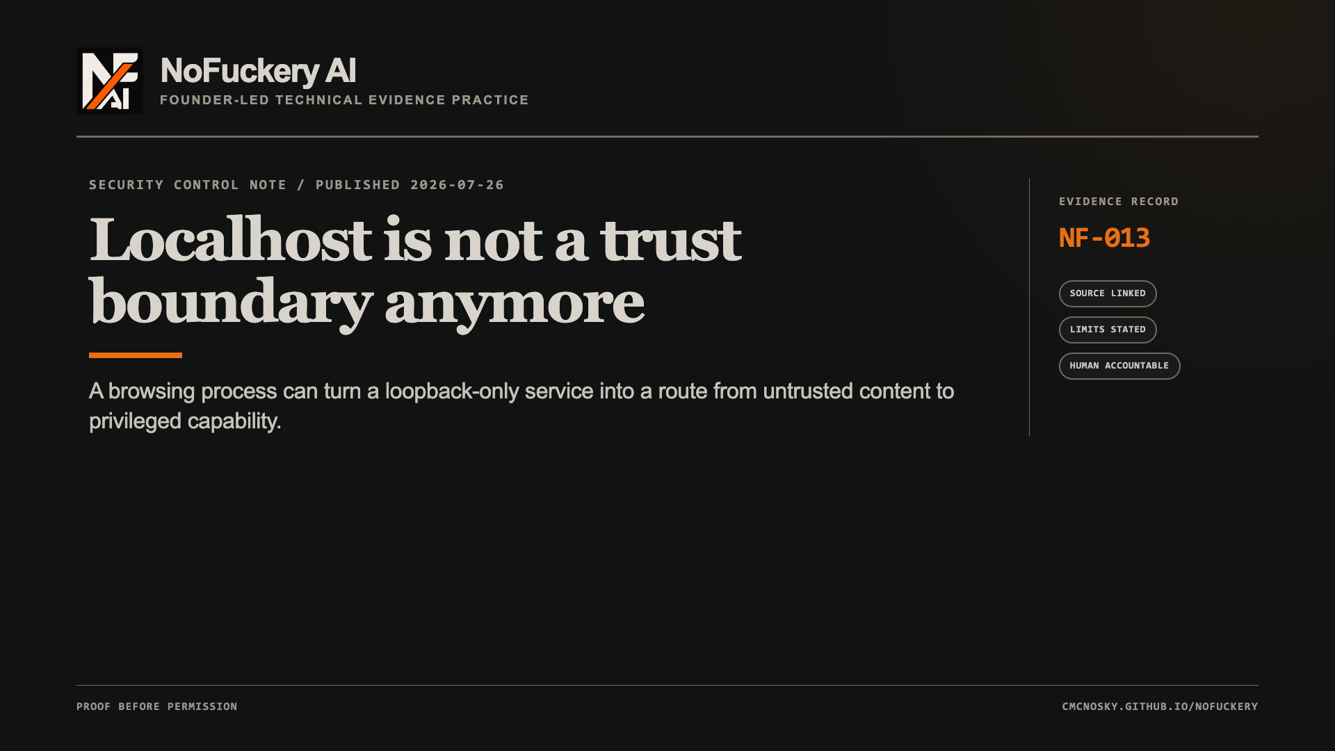 NoFuckery AI article cover, NF-013. Headline: Localhost is not a trust boundary anymore. Summary: A browsing process can turn a loopback-only service into a route from untrusted content to privileged capability.